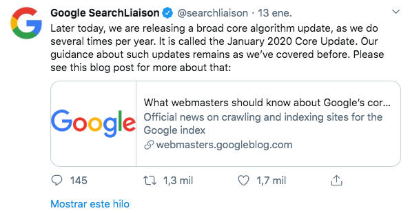 Anuncio de Google January 2020 Core Update