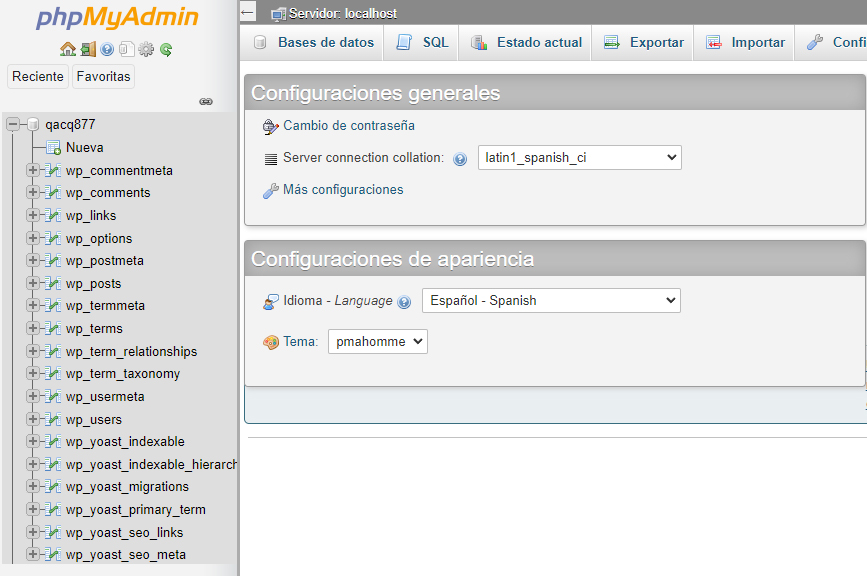 Editar una base de datos WordPress con phpMyAdmin