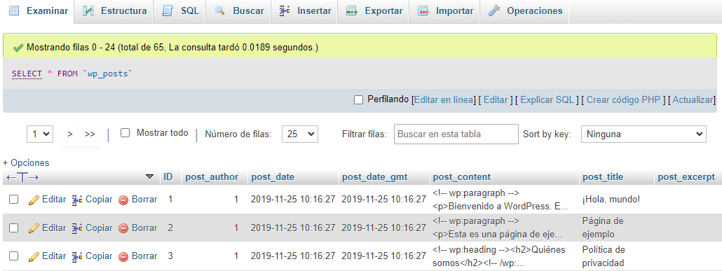 Registros editar una base de datos WordPress con phpMyAdmin