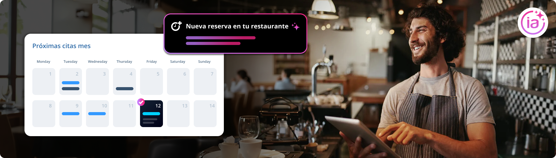 Camarero satisfecho porque la Recepcionista IA de Arsys se encarga de las llamadas mientras él atiende a los clientes