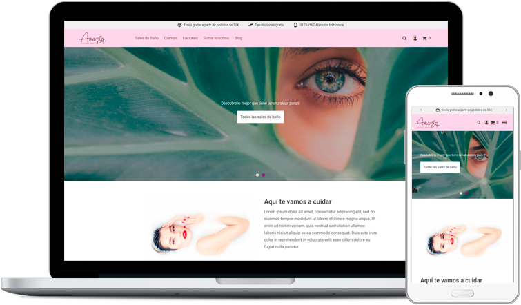 Ejemplo de diseño de Tienda Online y cómo se ve en un portátil y en un móvil