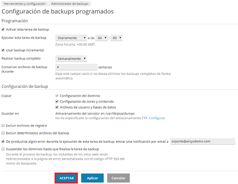 Configurar copias de seguridad mediante Plesk en Cloudbuilder Next
