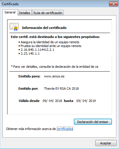 información del certificado