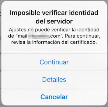 Imposible verificar identidad del servidor al enviar o recibir correo en iPhone o iPad