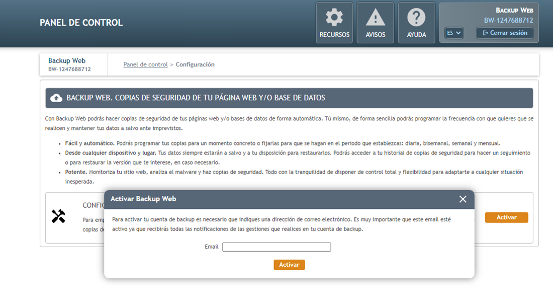 Recibir notificaciones de Backup Web