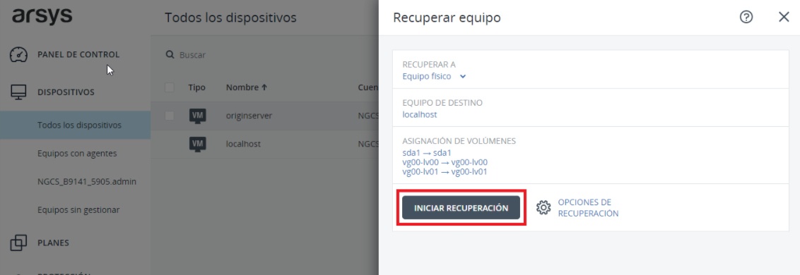 iniciar recuperacion migracion del servidor