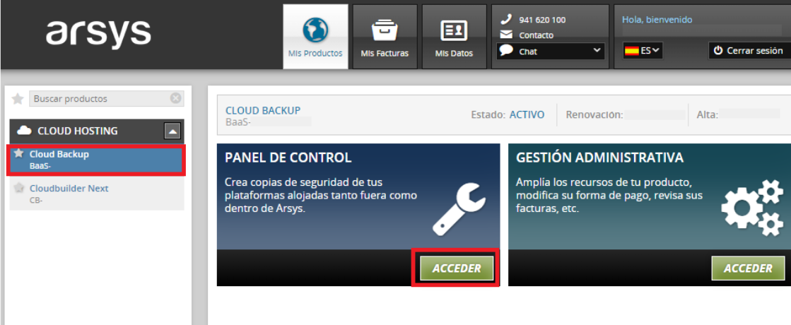 cloud backup panel de control