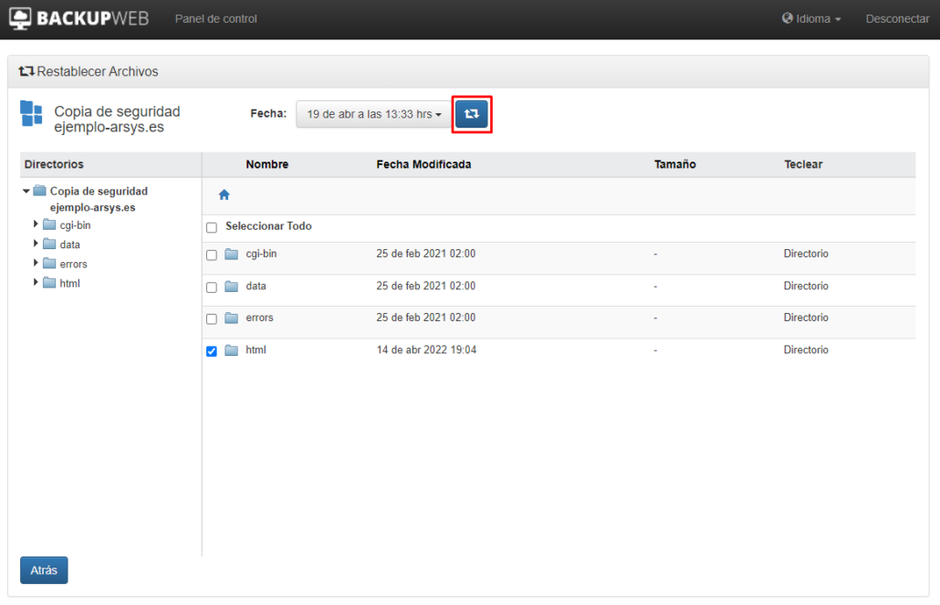 Restaurar archivos con Backup Web