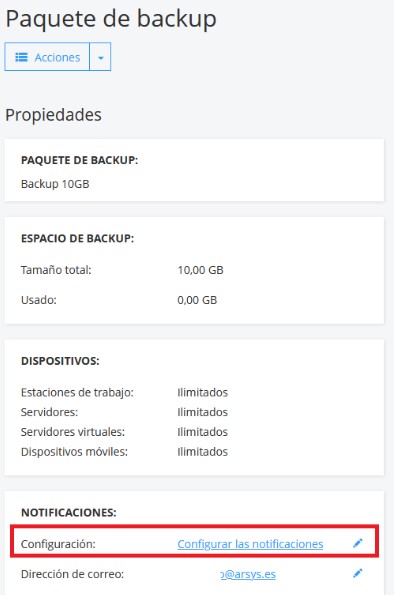 Configurar notificaciones crear paquete backup