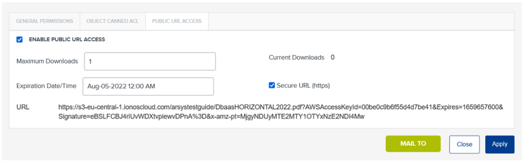 URL generada para el objeto