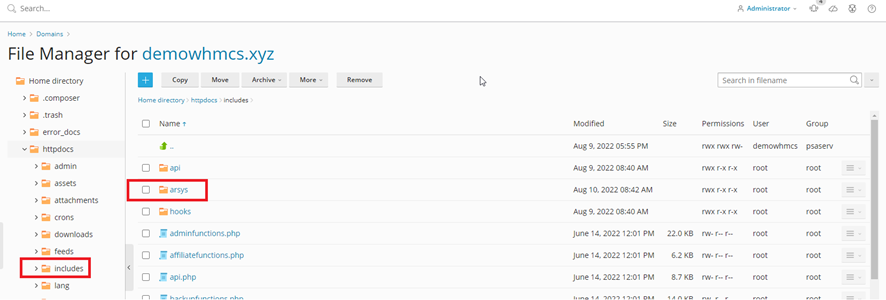 Carpeta Includes del dominio WHMCS en Plesk