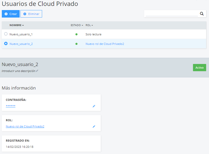 Vista general Usuarios de Cloud Privado